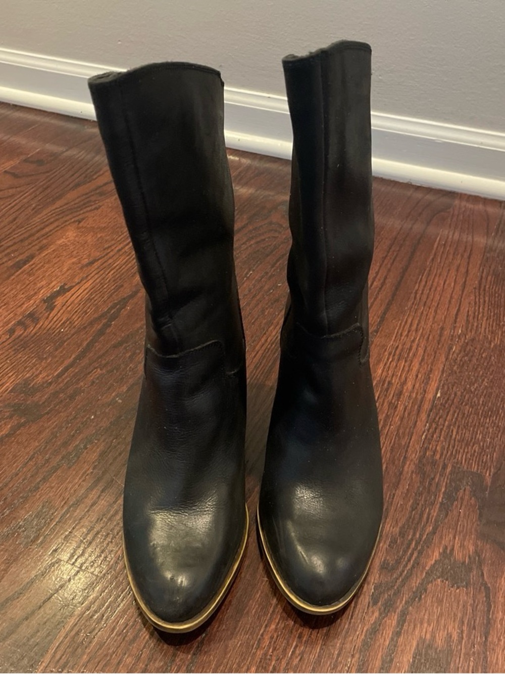 Lucky Brand Black Leather Mid-Calf Boots with Gold Trim